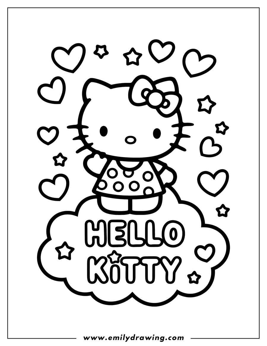 Outline of Hello Kitty standing on a cloud with hearts and stars surrounding her. She wears a polka dot dress and a bow on her head.