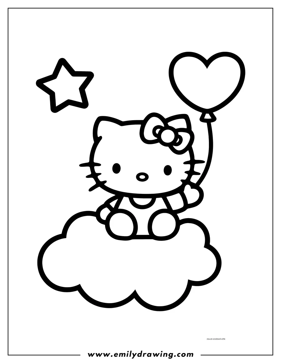 Outline of Hello Kitty sitting on a cloud, holding a heart-shaped balloon, with a star above.