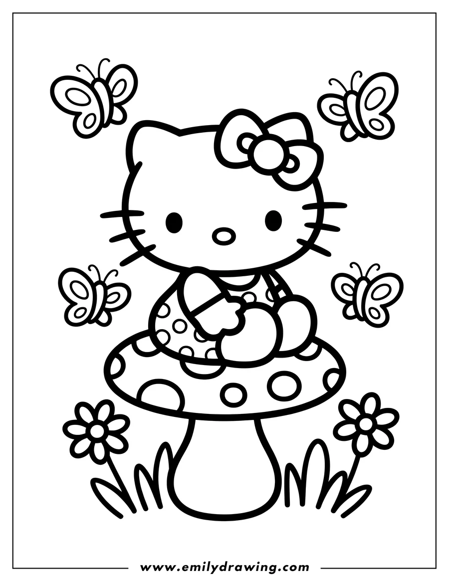 Outline of Hello Kitty sitting on a large spotted mushroom with butterflies and flowers around her.