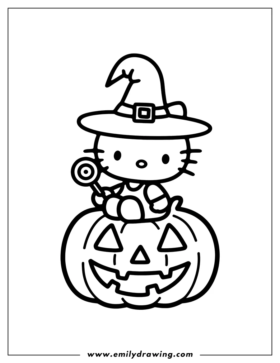 Line art of Hello Kitty wearing a witch's hat and sitting on a carved pumpkin for Halloween.