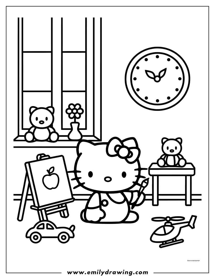 Outline of Hello Kitty sitting in her playroom with toys and an easel. She's holding a crayon, ready to color.