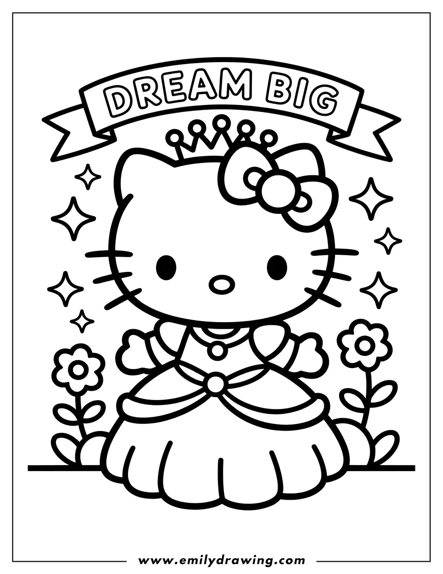 Outline of Hello Kitty wearing a princess gown with a crown and bow. Small flowers and sparkles decorate the scene.