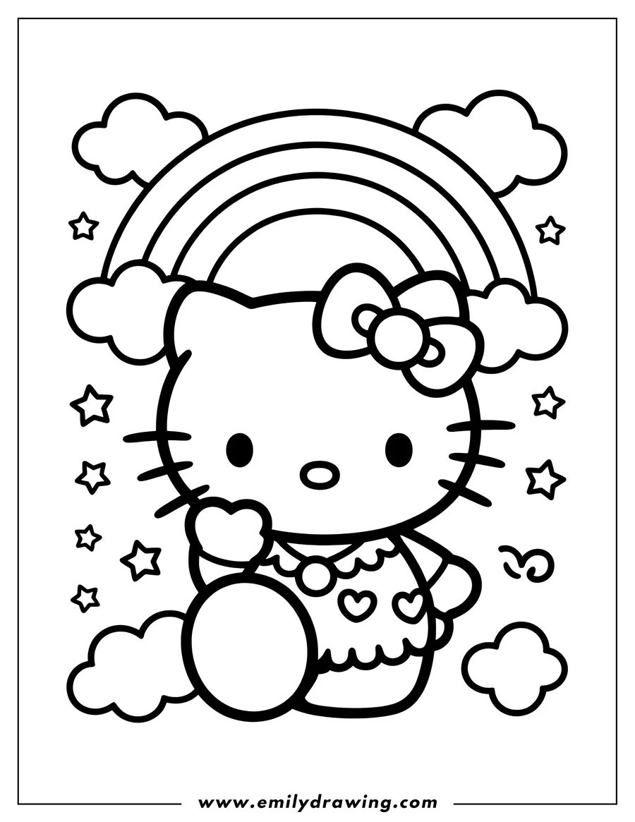 Outline of Hello Kitty with a bow, wearing a dress with hearts, standing beneath a rainbow and clouds with stars.