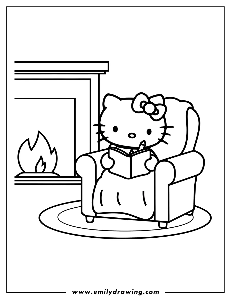 Outline of Hello Kitty sitting in an armchair with a blanket, reading a book by a fireplace.