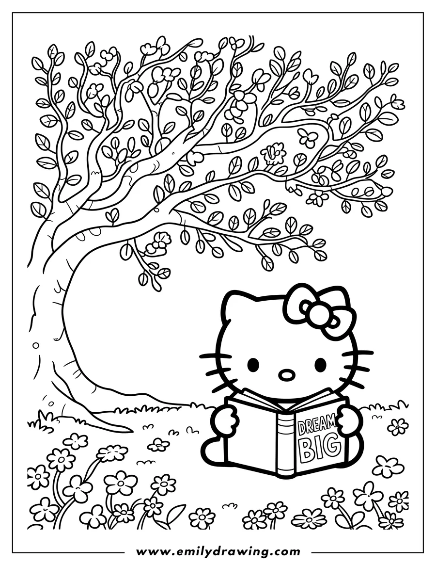 Outline of Hello Kitty sitting under a flowering tree, reading a book that says 'Dream Big'.