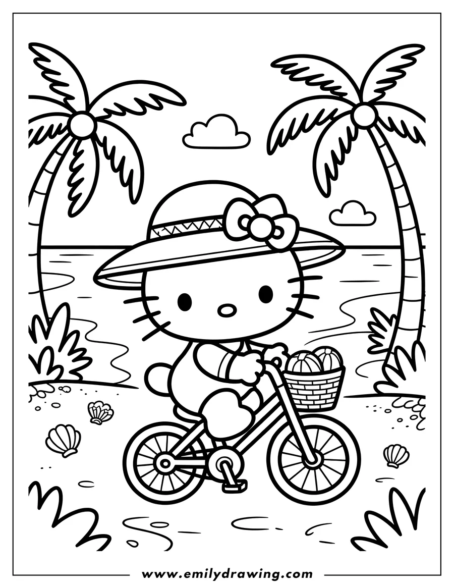 Outline of Hello Kitty riding a bicycle on the beach, wearing a sun hat and with a basket on the handlebars.