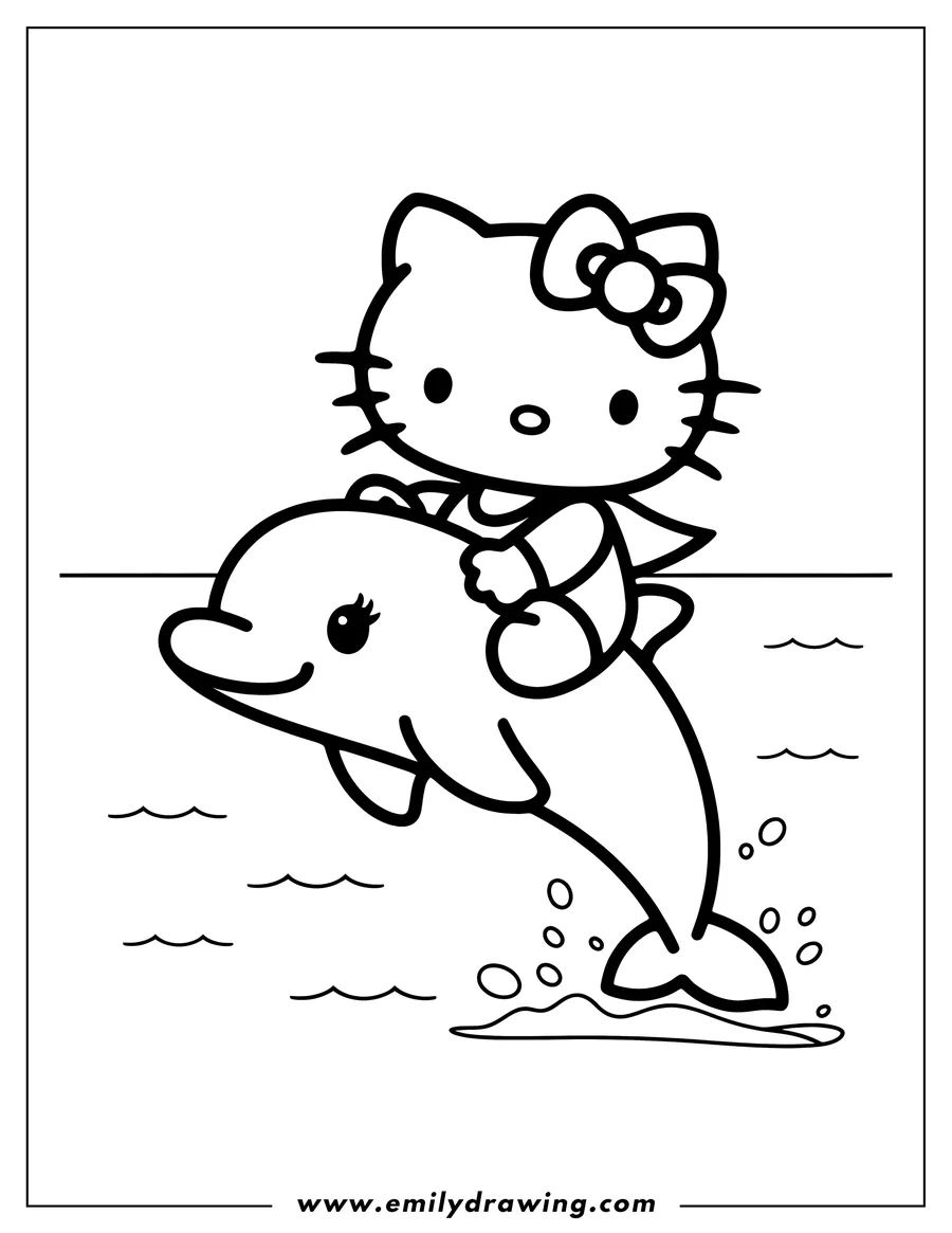 Outline of Hello Kitty riding a dolphin in the water.
