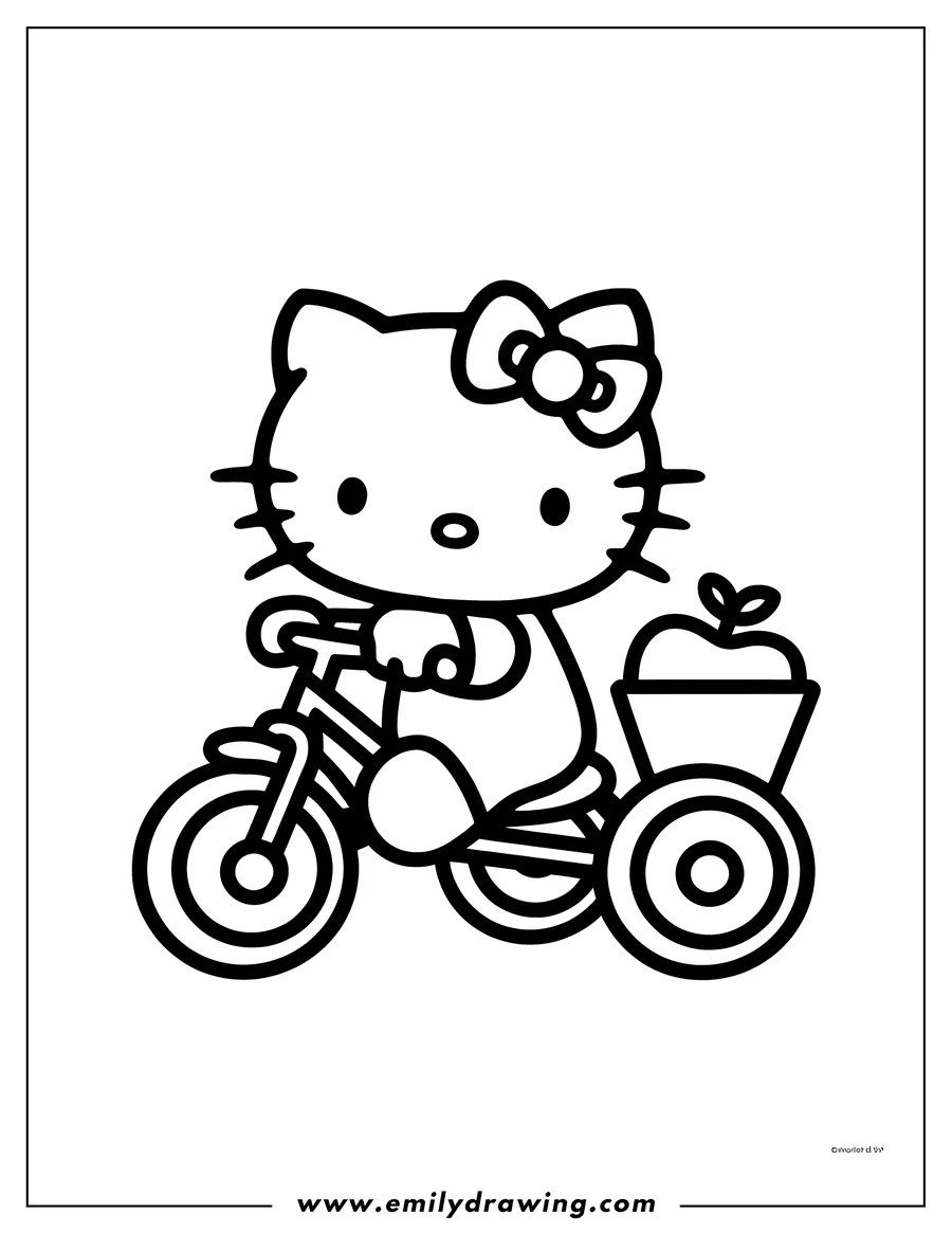 Outline of Hello Kitty riding a tricycle with an apple in the basket.