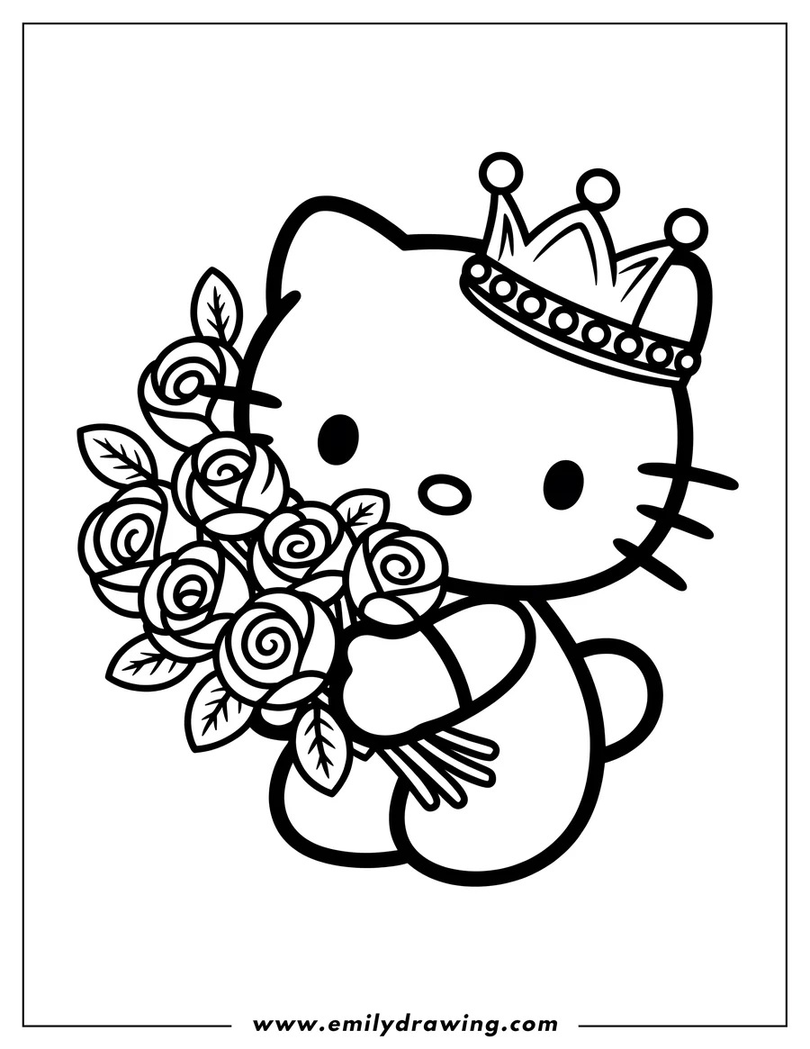 Outline of Hello Kitty wearing a crown and holding a bouquet of roses.