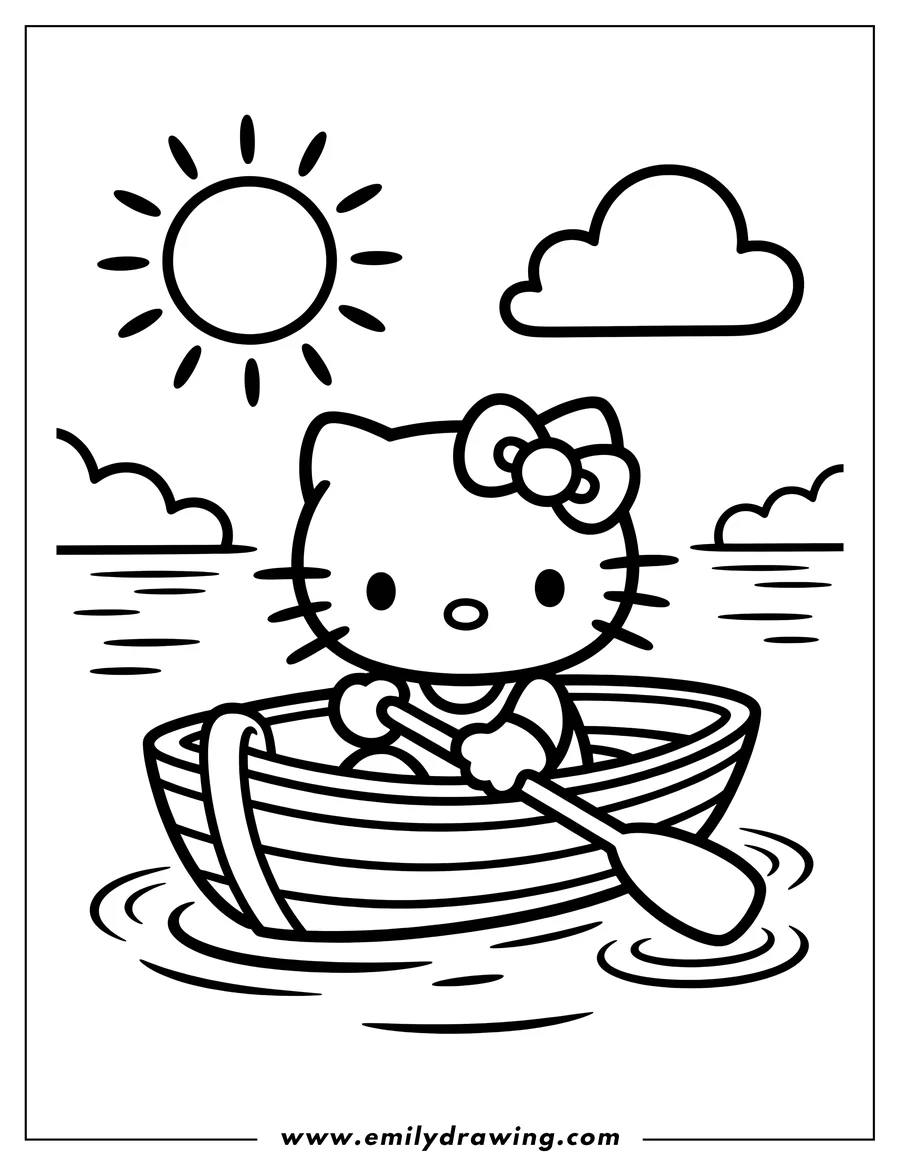Line art of Hello Kitty rowing a small wooden boat on a sunny day.