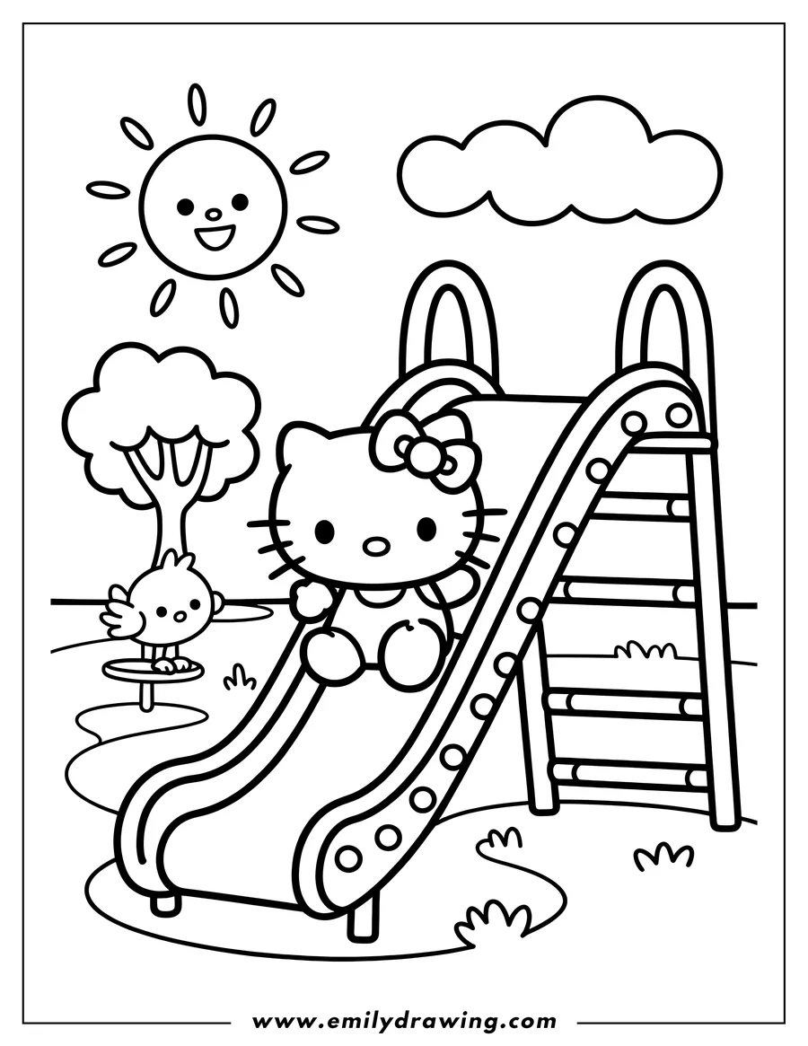 Outline of Hello Kitty sliding down a playground slide with a small bird sitting on a small roundabout in the background. A smiling sun, cloud, and tree fill the scene.