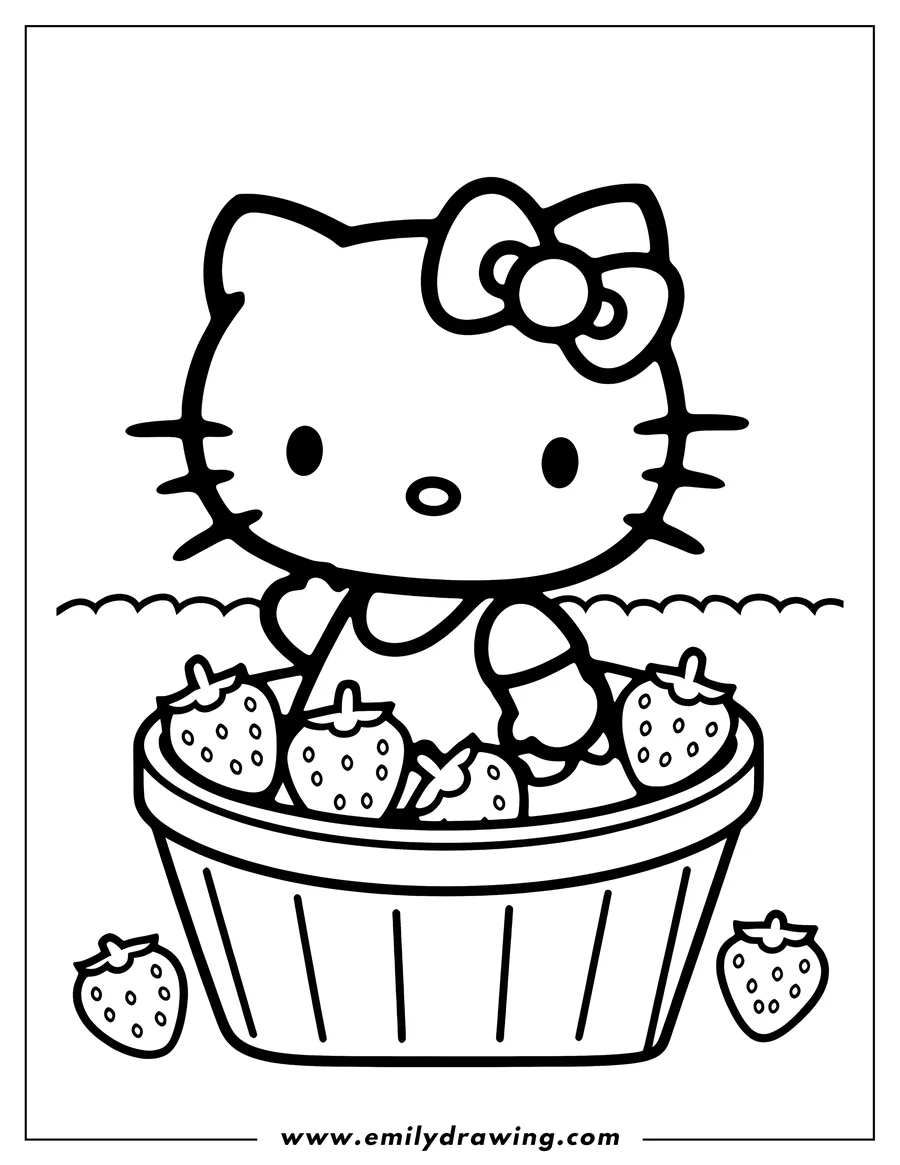 Line art of Hello Kitty sitting behind a basket of strawberries. Two additional strawberries sit on the ground beside the basket.