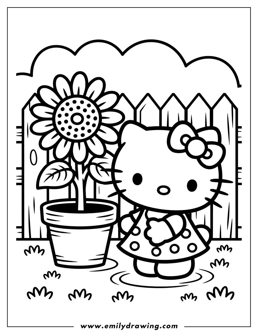 Outline of Hello Kitty standing near a sunflower in a pot, with a wooden fence in the background.