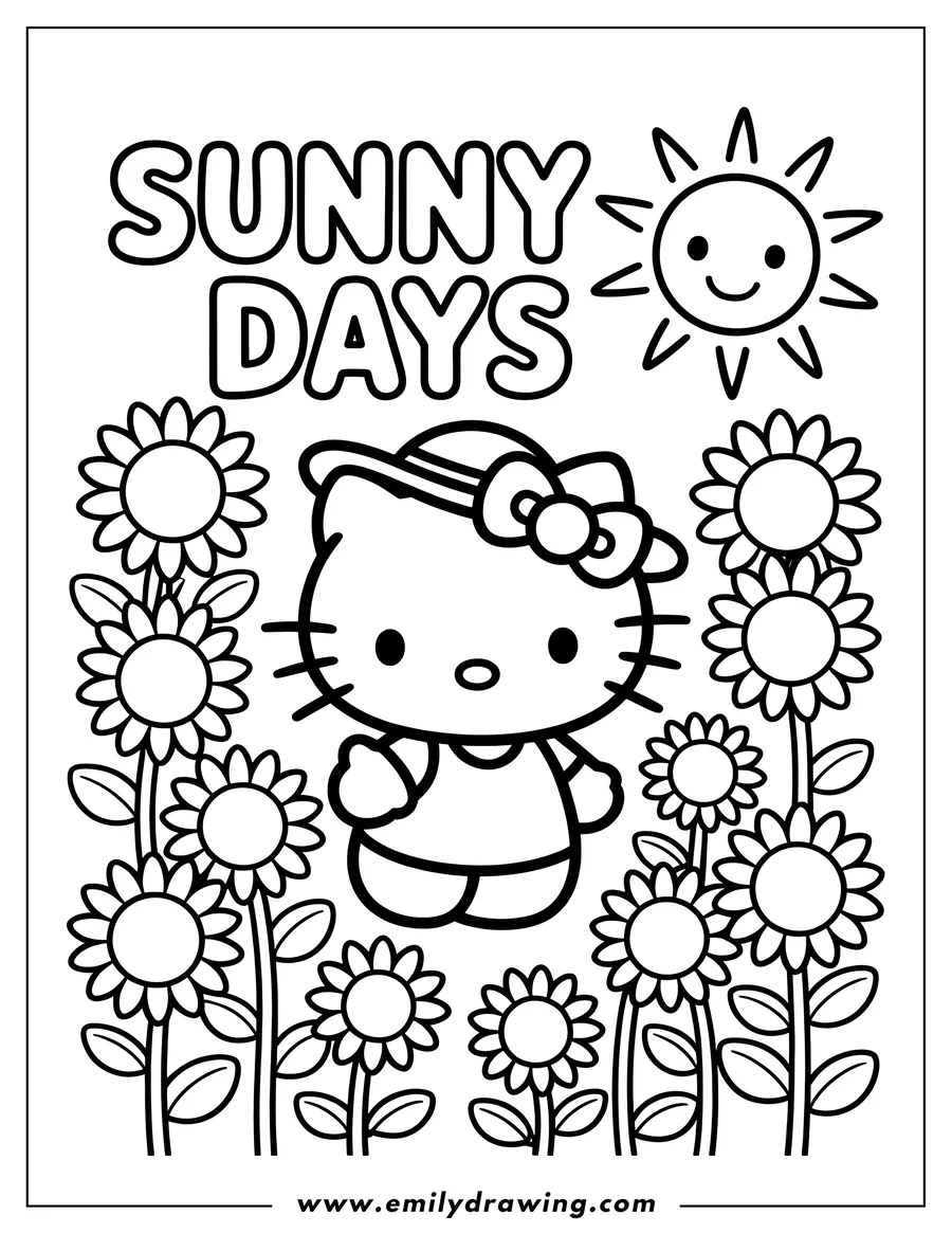 Outline of Hello Kitty standing in a field of sunflowers, wearing a summer hat.
