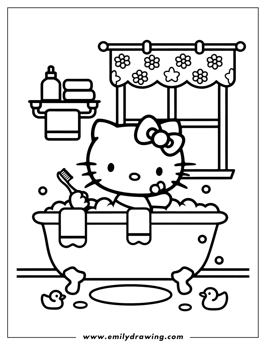 Outline of Hello Kitty sitting in a bathtub with a toothbrush and two rubber duckies.