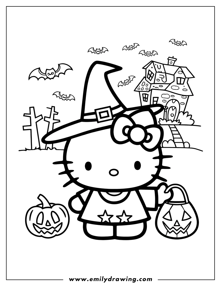 Outline of Hello Kitty in a witch costume holding a pumpkin basket, trick-or-treating near a spooky house.