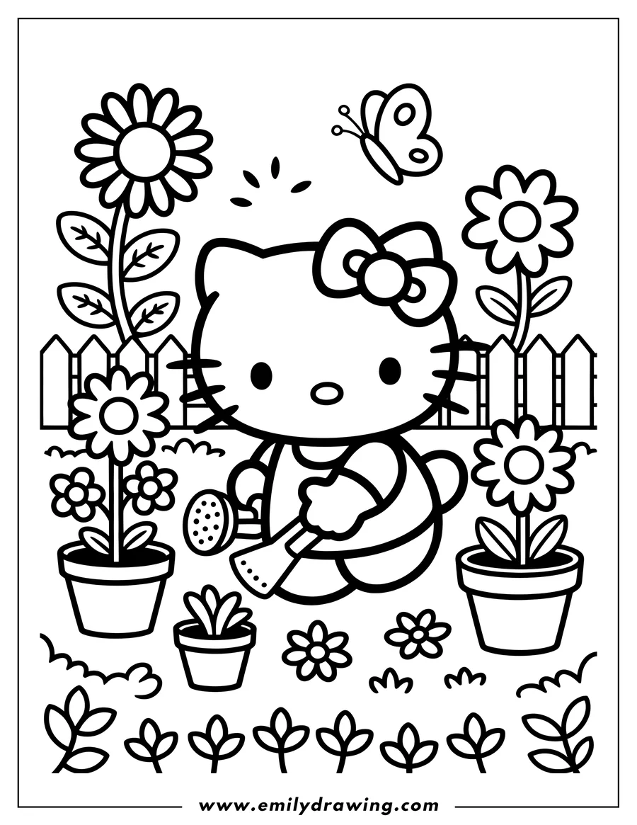 Outline of Hello Kitty watering potted flowers in a garden with a fence and a butterfly