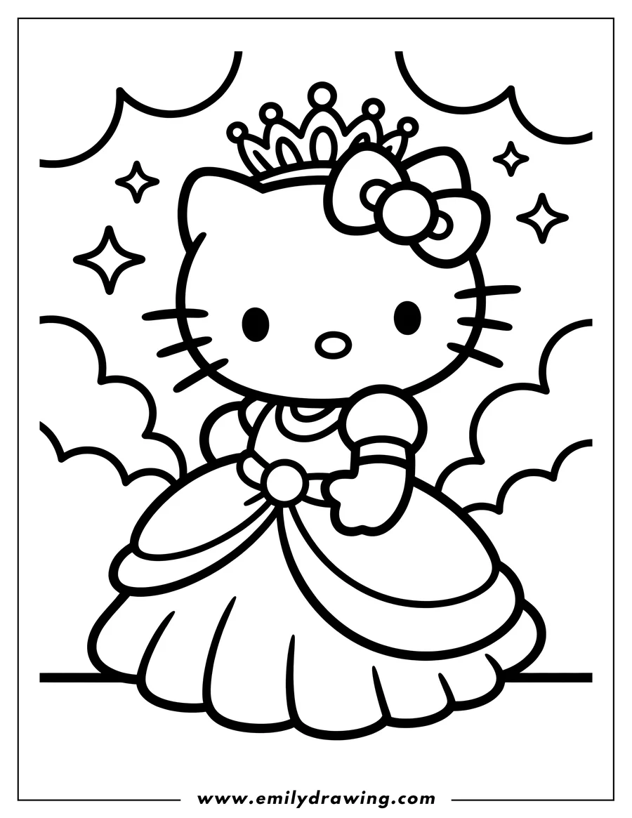 Outline of Hello Kitty wearing a crown and bow, ready for coloring.
