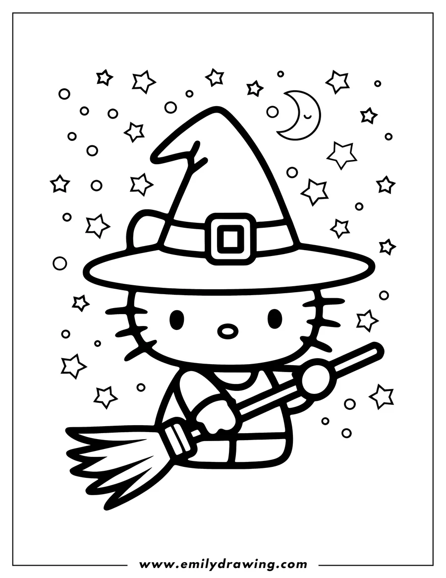 Line art of Hello Kitty dressed as a witch, flying on a broomstick against a night sky with stars and a crescent moon.