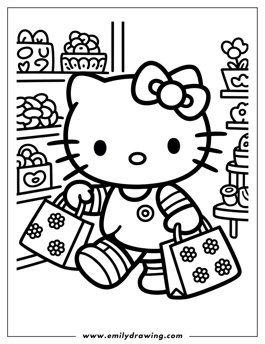 Hello Kitty carrying two shopping bags with flower decorations, likely returning from a shopping trip.