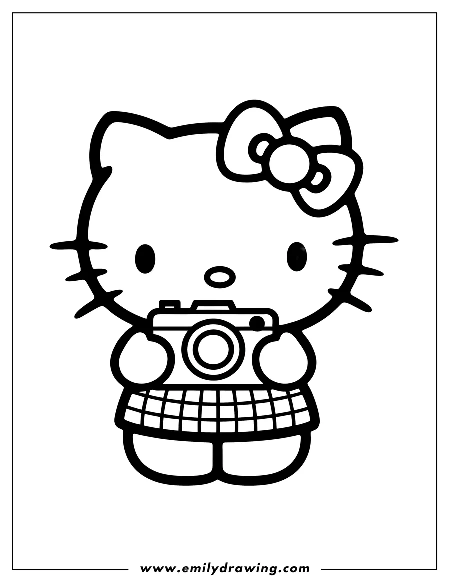 Outline of Hello Kitty holding a camera. She wears a bow and a plaid skirt.