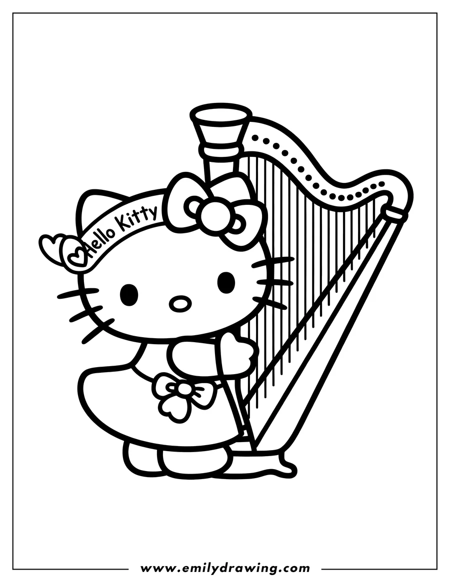 Outline of Hello Kitty standing next to a harp, wearing a dress and a bow. She appears ready to play.