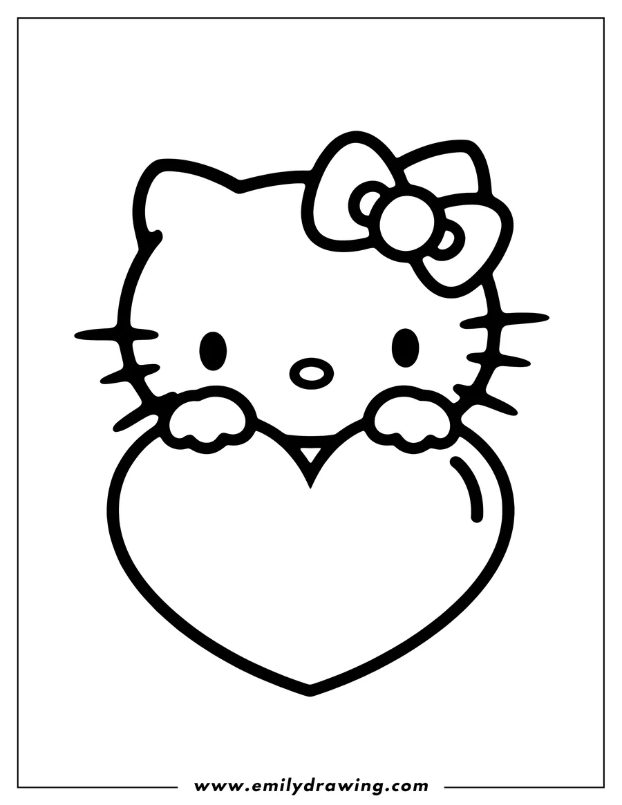 Line art of Hello Kitty holding a large heart