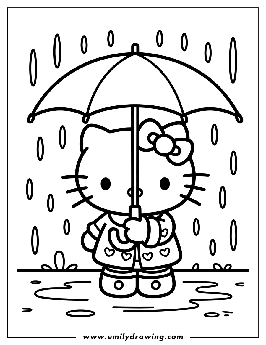Line art of Hello Kitty holding an umbrella in the rain. She wears a raincoat decorated with hearts and boots.