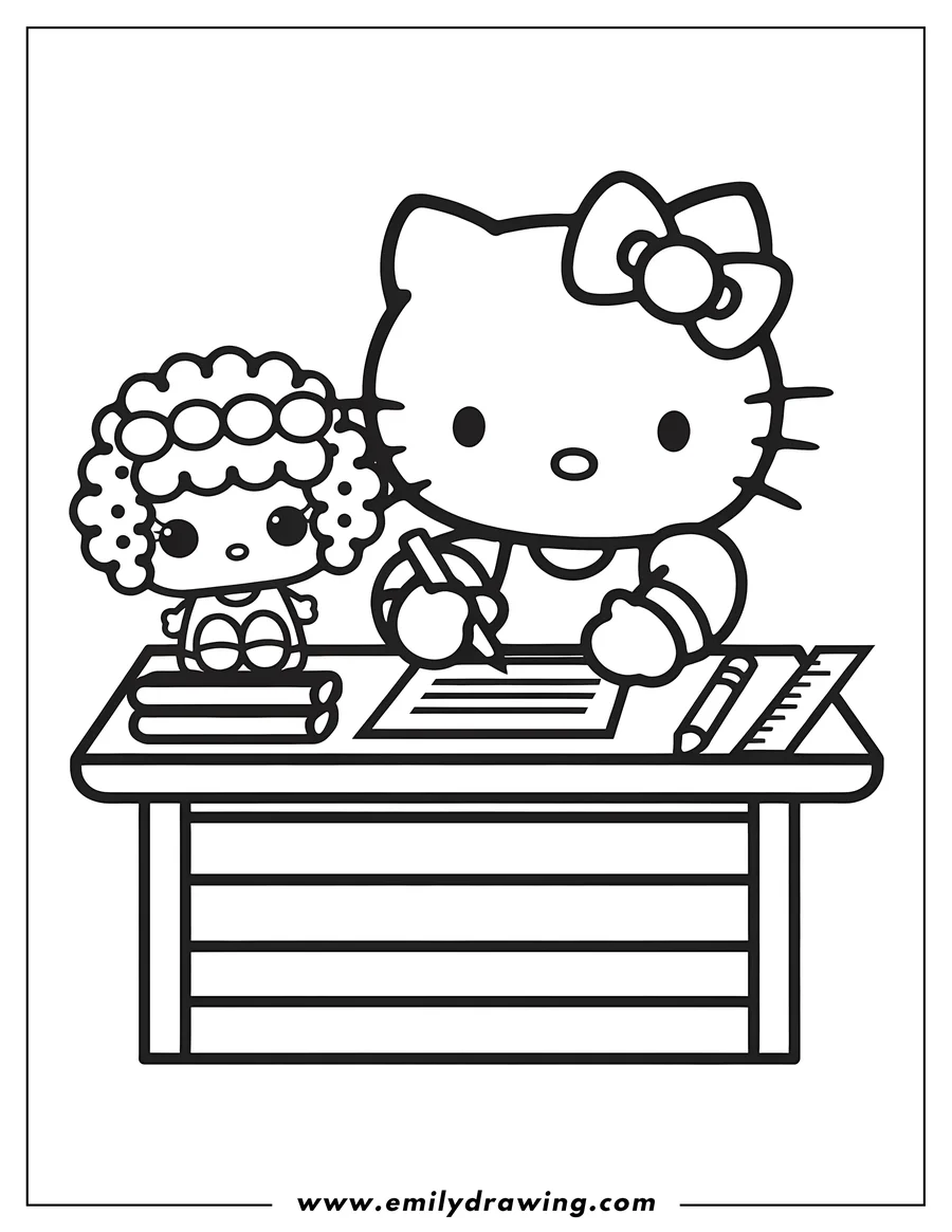 Line art of Hello Kitty writing at a desk with her friend sitting on a stack of books.