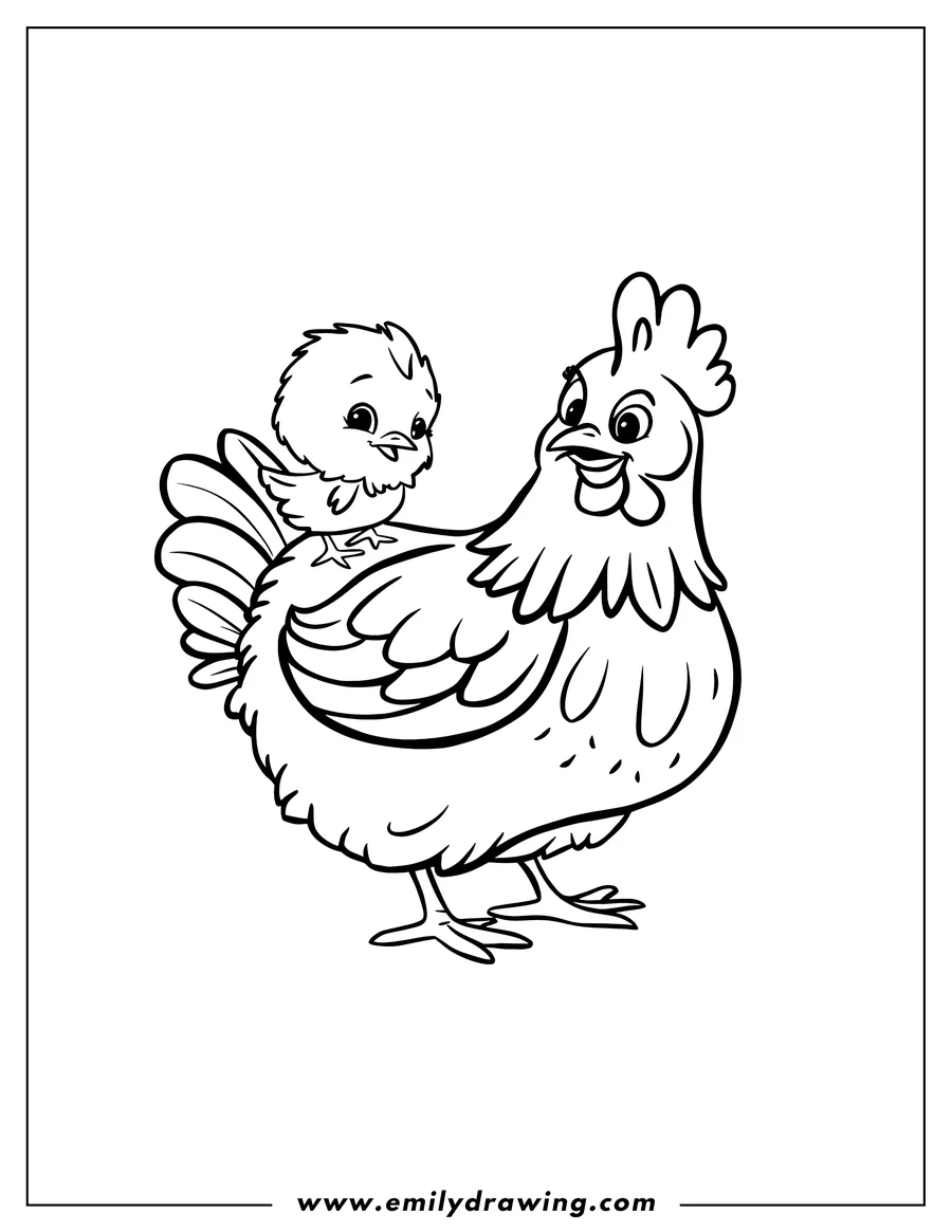 Outline of a hen with a small chick riding on its back.