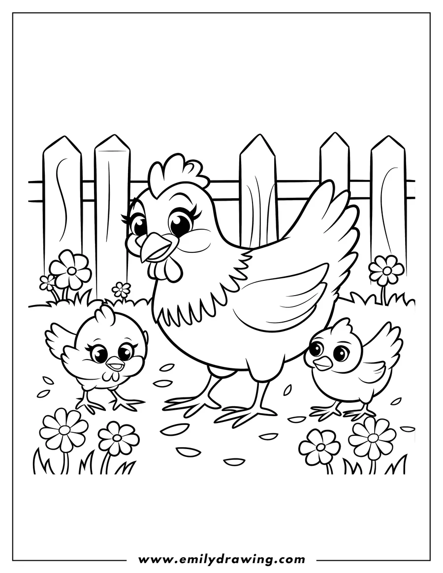 Outline of a hen with two chicks near a wooden fence. Flowers and grass grow around them.