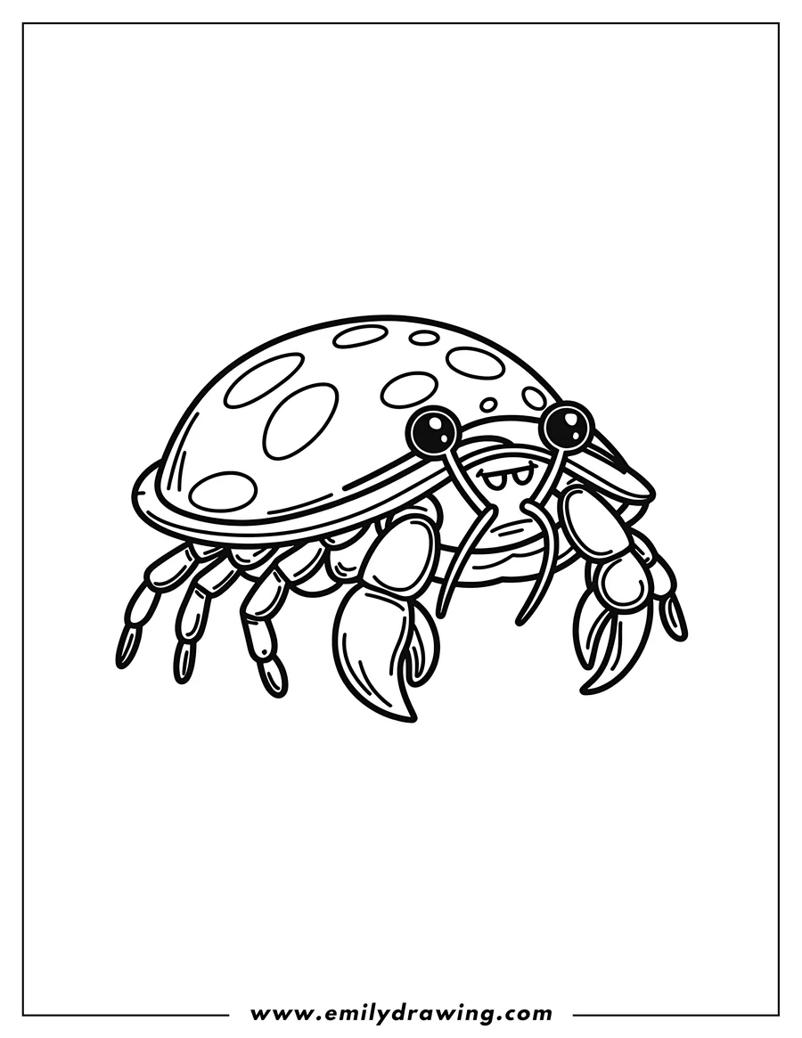 Outline of a hermit crab with a spotted shell.