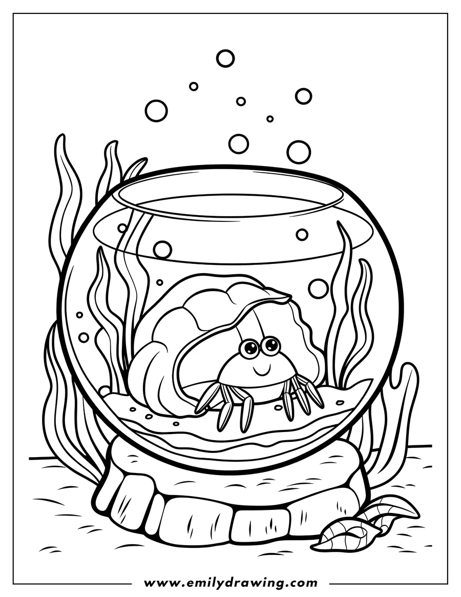 Outline of a hermit crab inside a fishbowl on a rock, with seaweed and bubbles.