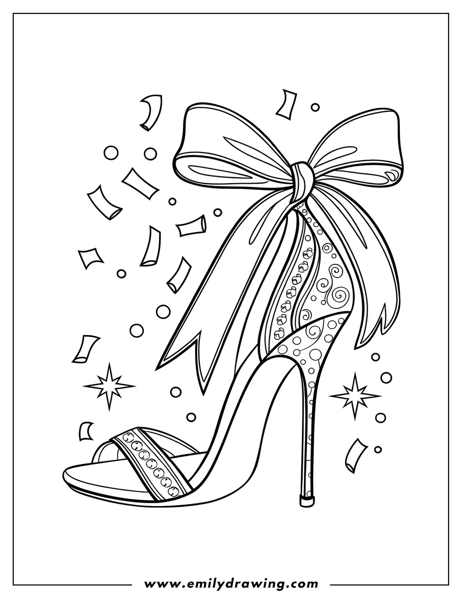 Outline of a high-heeled sandal decorated with a large bow, swirls, and dots.