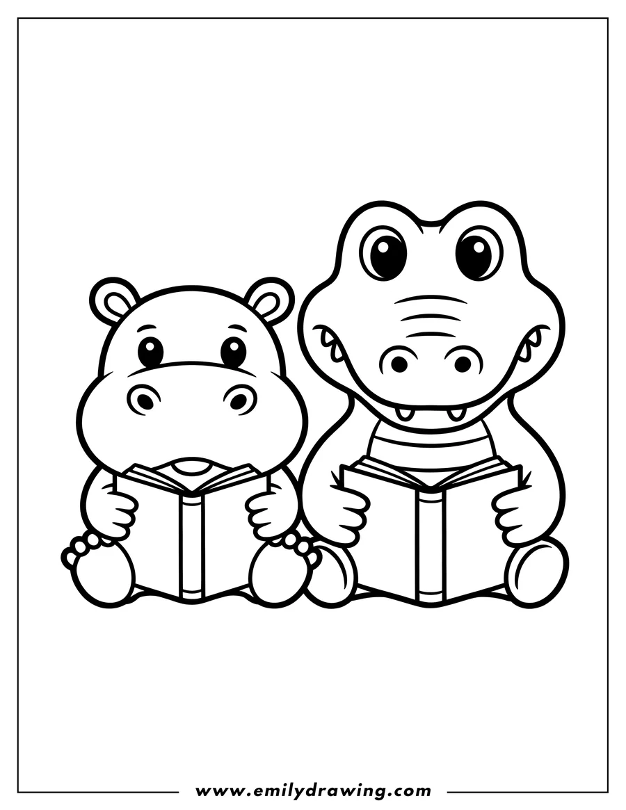 Line art of a hippopotamus and an alligator sitting side by side, each holding and reading a book.