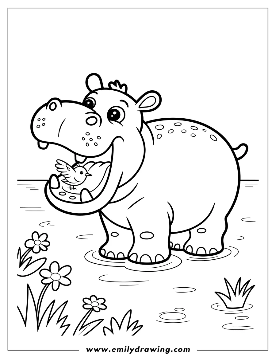 Outline of a hippopotamus standing in shallow water with a small bird perched in its open mouth.