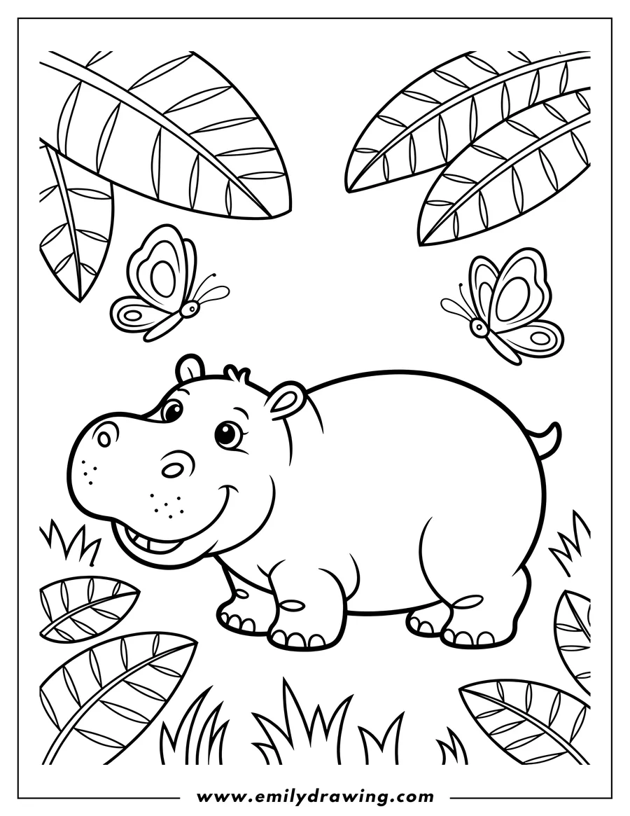 Outline of a happy hippo with two butterflies and jungle leaves.