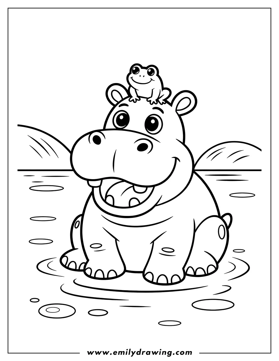 Line art of a hippopotamus standing in shallow water with a small frog sitting on its head.
