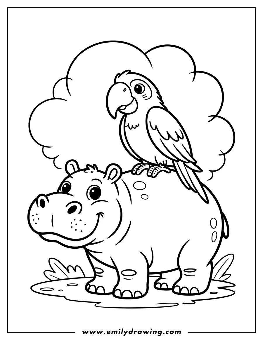 Outline of a hippo with a parrot perched on its back