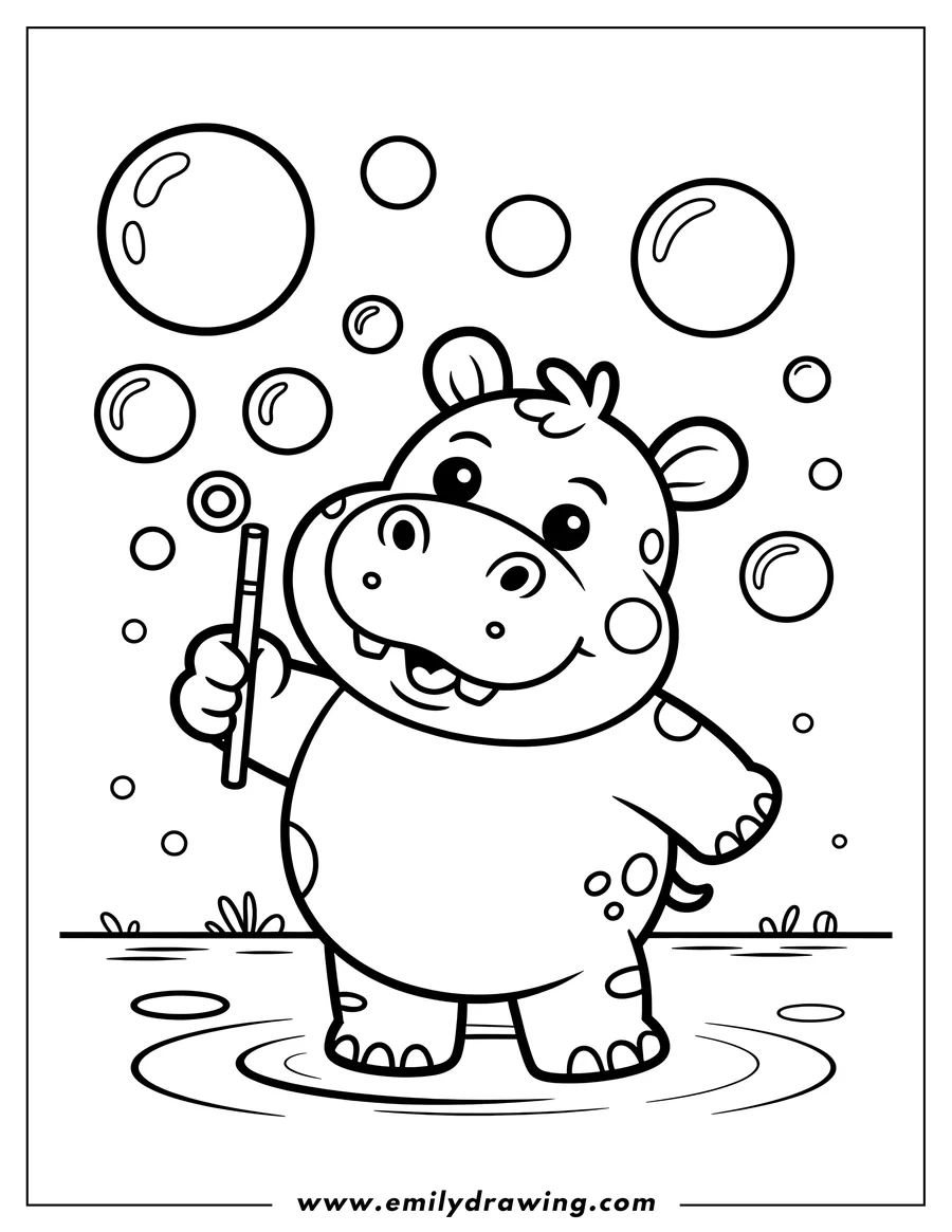 Outline of a cheerful hippopotamus blowing bubbles with a wand, standing near a small pond.