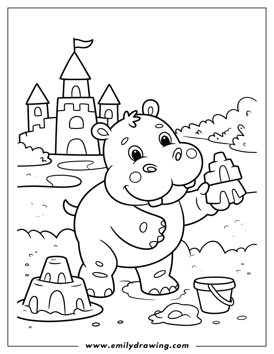 Outline of a hippopotamus building a small sandcastle with a pail and shovel. A larger sandcastle and water are in the background.
