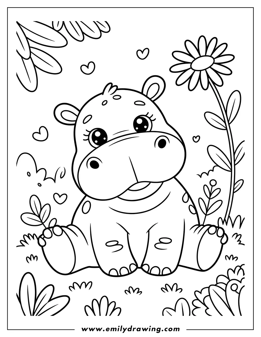Outline of a baby hippo sitting near a tall flower with hearts and leaves around it.