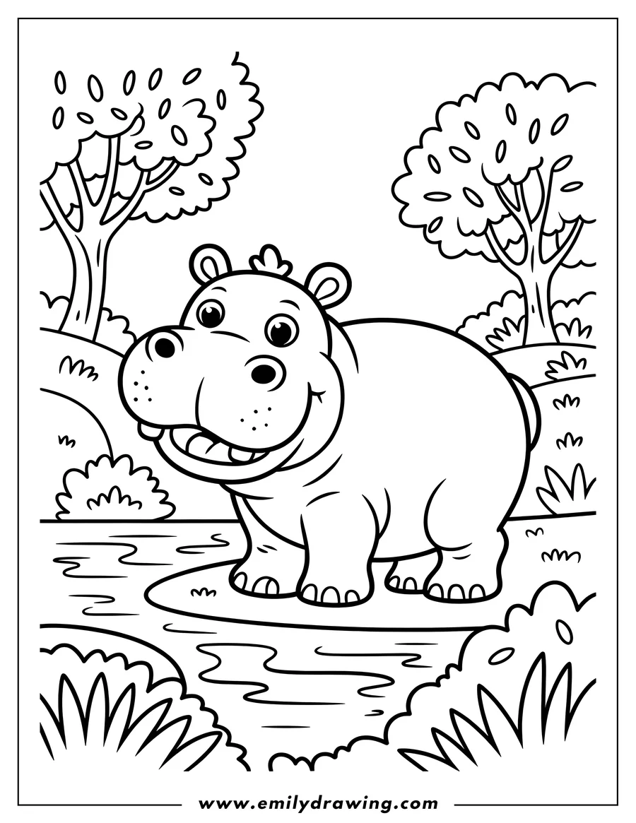 Outline of a hippopotamus standing near a river with trees in the background.