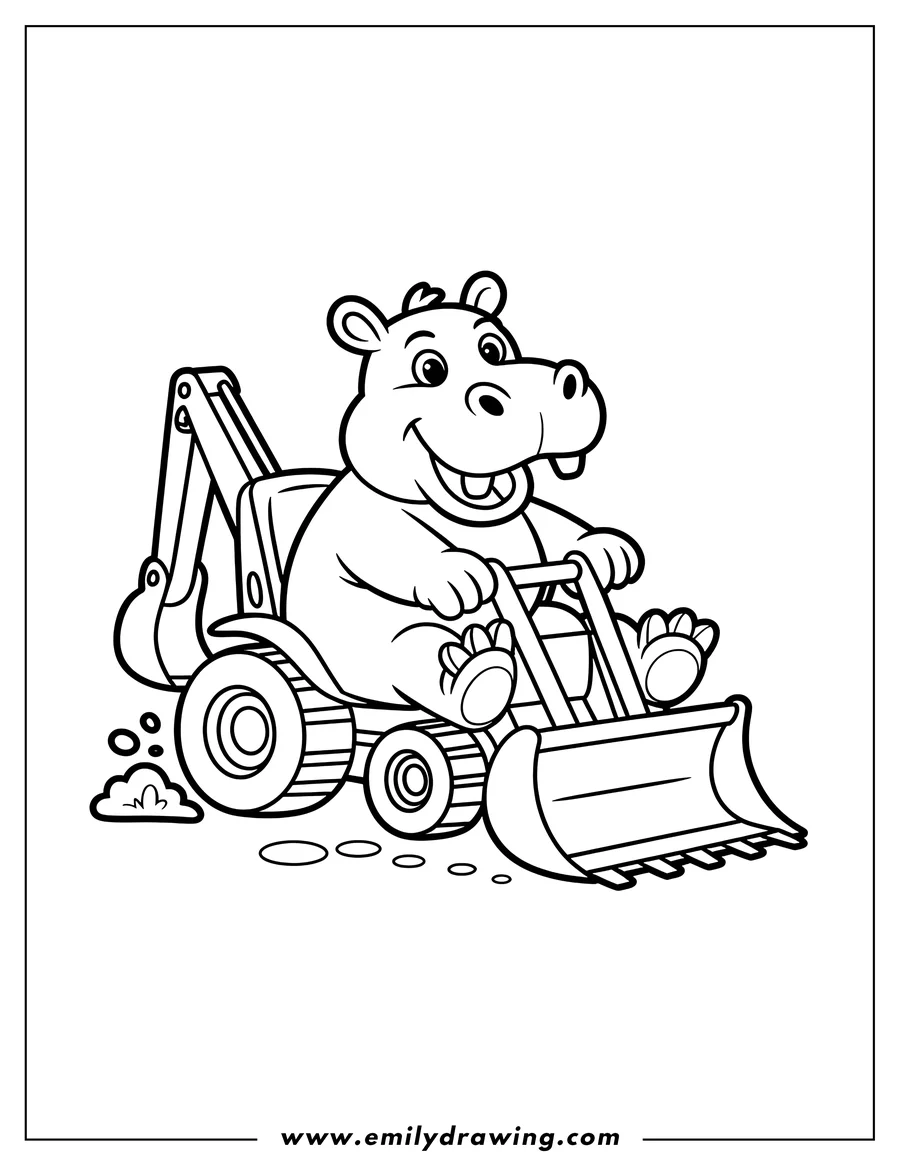 Outline of a hippopotamus driving a bulldozer.