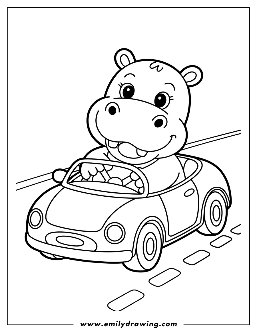 Outline of a hippopotamus driving a convertible car on a road.