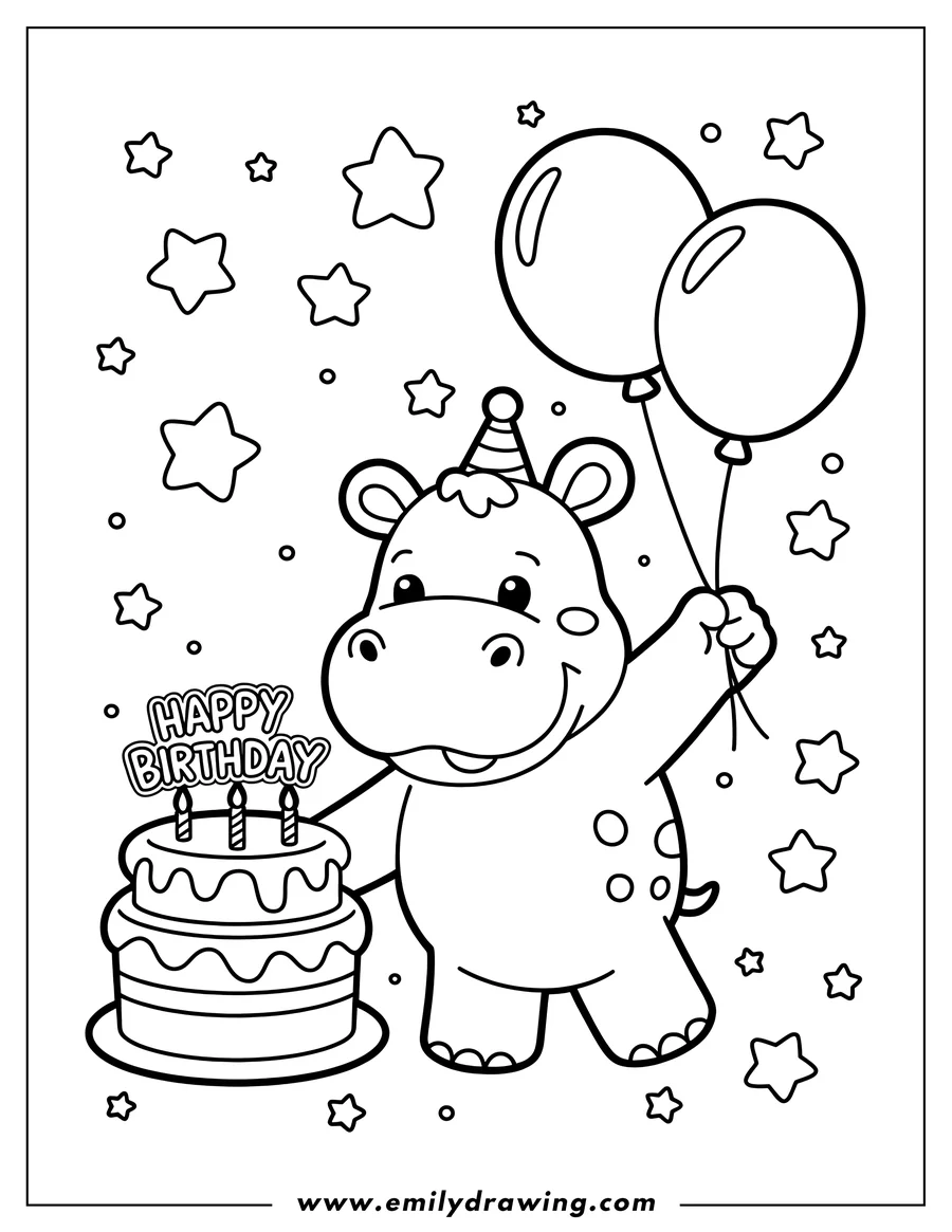 Outline of a hippopotamus wearing a party hat and holding balloons next to a birthday cake.