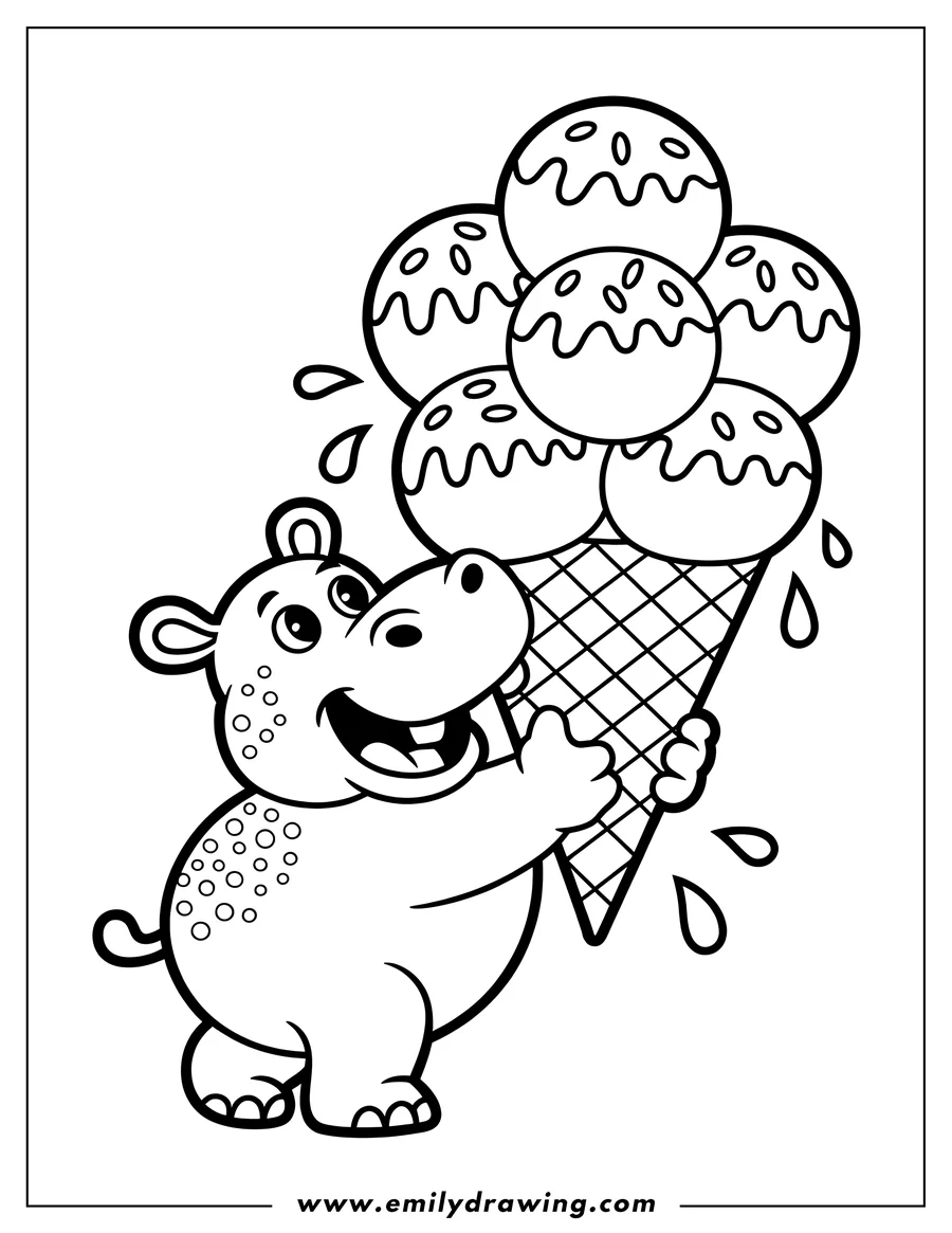 Line art of a hippopotamus happily holding a large ice cream cone with multiple scoops, some melting and dripping.