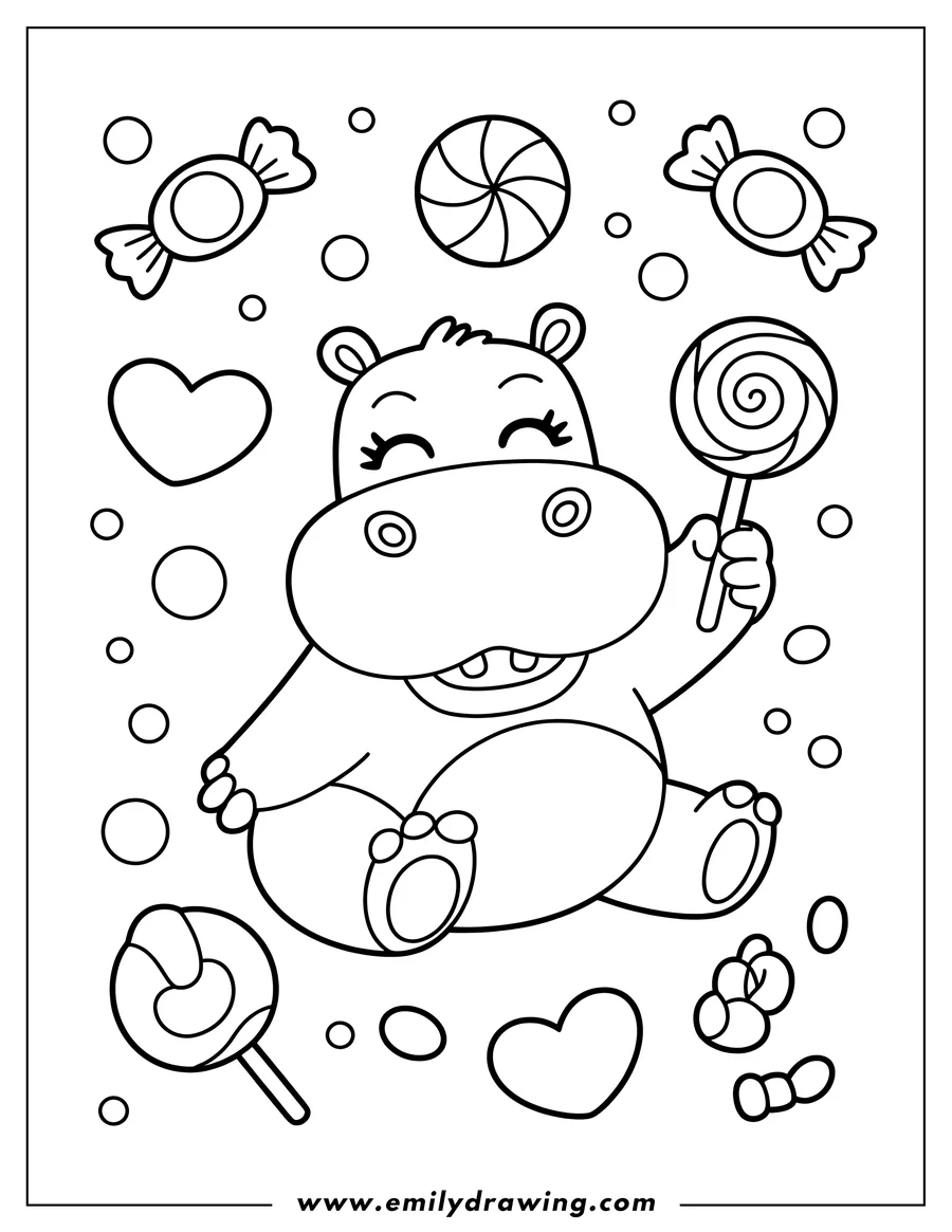 Outline of a happy hippo holding a swirl lollipop, surrounded by candy, hearts, and circles.
