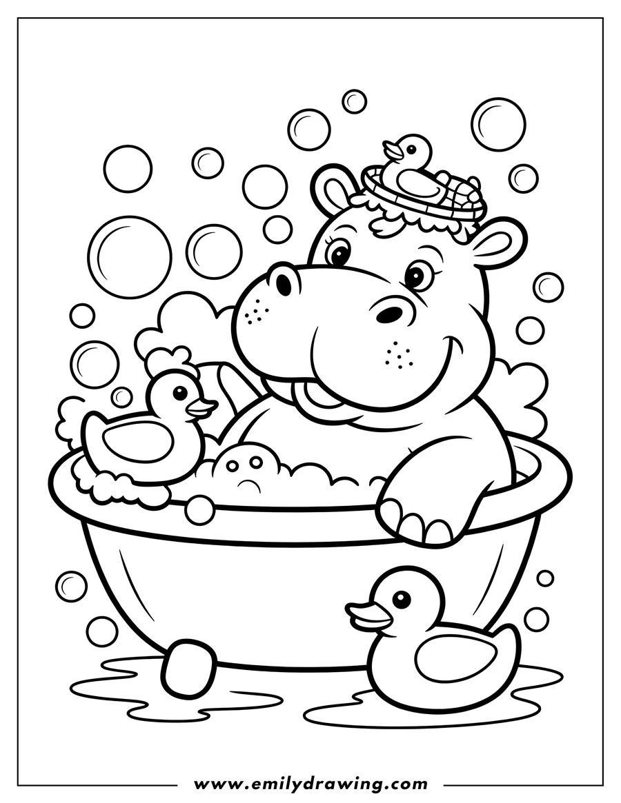 Outline of a hippopotamus taking a bath in a tub with rubber duckies and bubbles. One duck is perched on its head.