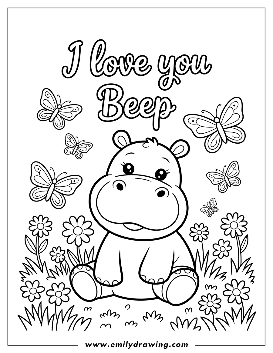 Outline of a baby hippo sitting in a field of flowers, with butterflies fluttering around.